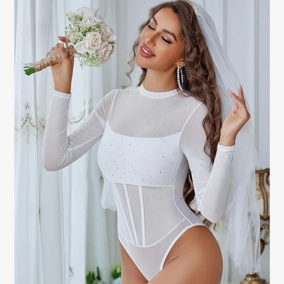 Sheer With Rhinestone Long Sleeve Bodysuit - Picture 4 of 7